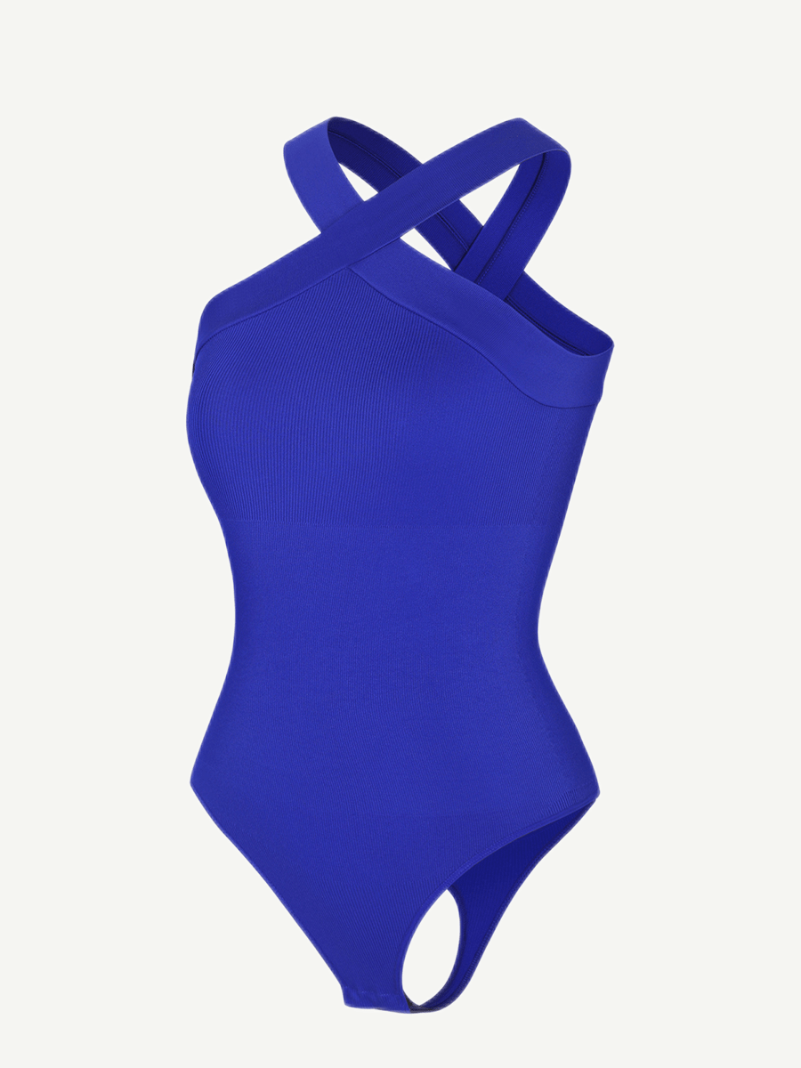 Seamless crossover halter thong bodysuit