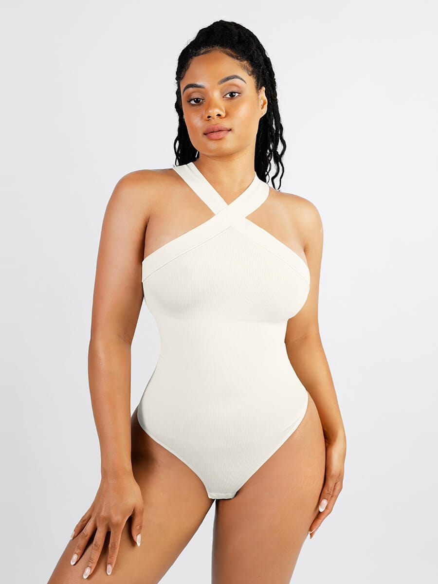 Seamless crossover halter thong bodysuit