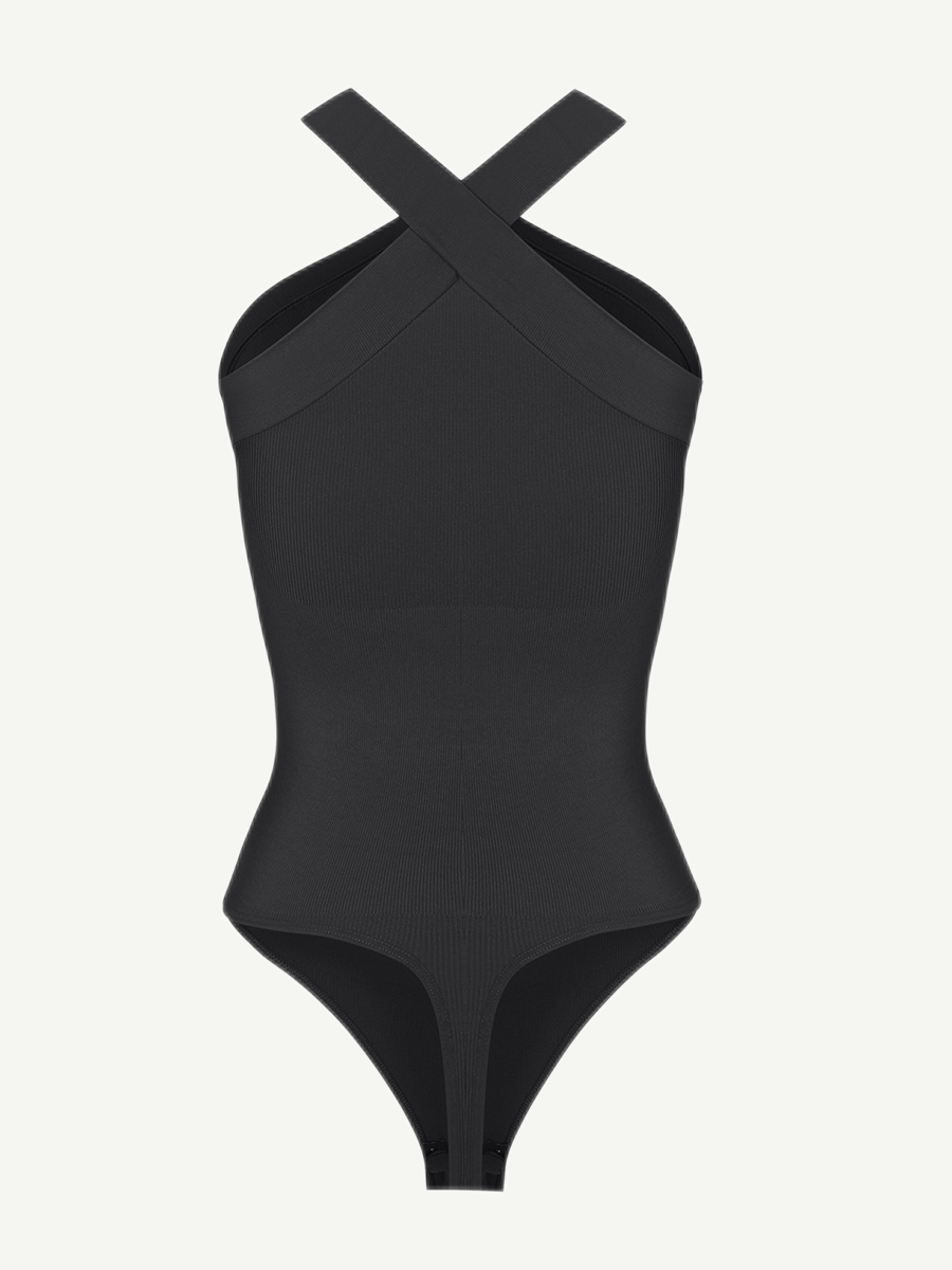 Seamless crossover halter thong bodysuit