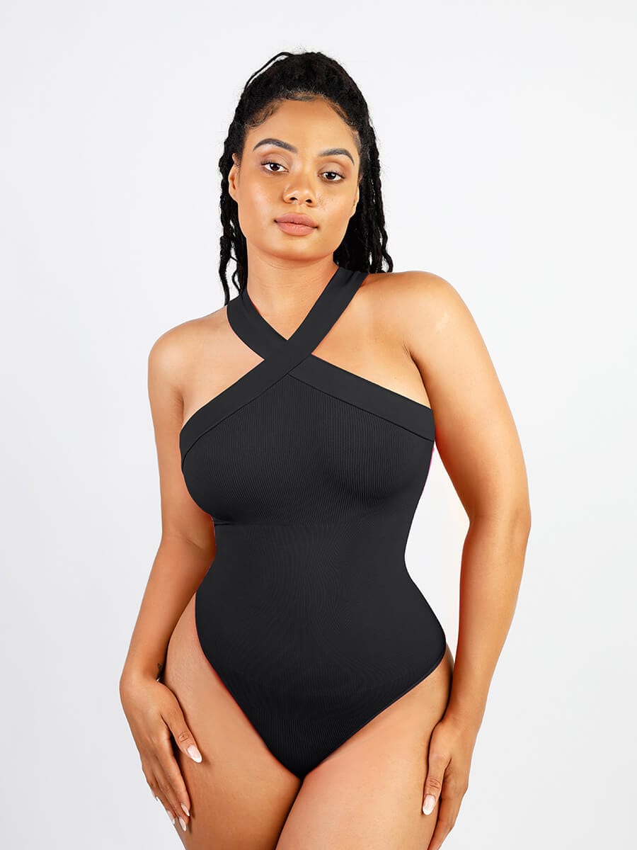 Seamless crossover halter thong bodysuit