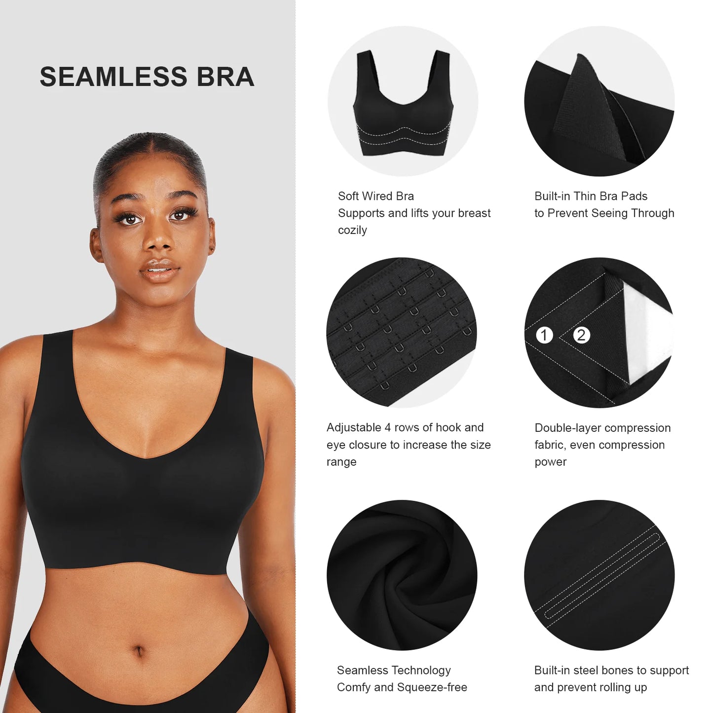 Fitted V-Neck Seamless Back Compression Bra